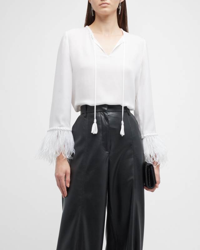 Jilly Silk Blouse w/ Feather Trim
